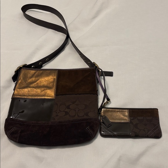 Coach Handbags - VTG Coach Brown Patchwork crossbody & wristlet Suede leather canvas boho Y2K